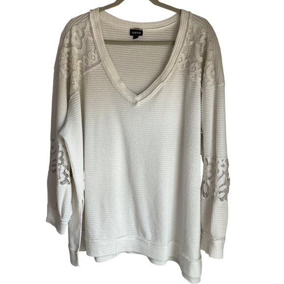 torrid Tops - Torrid Womens Sz 3X Waffle Top V Neck Lace Insert Cream Relaxed Tunic